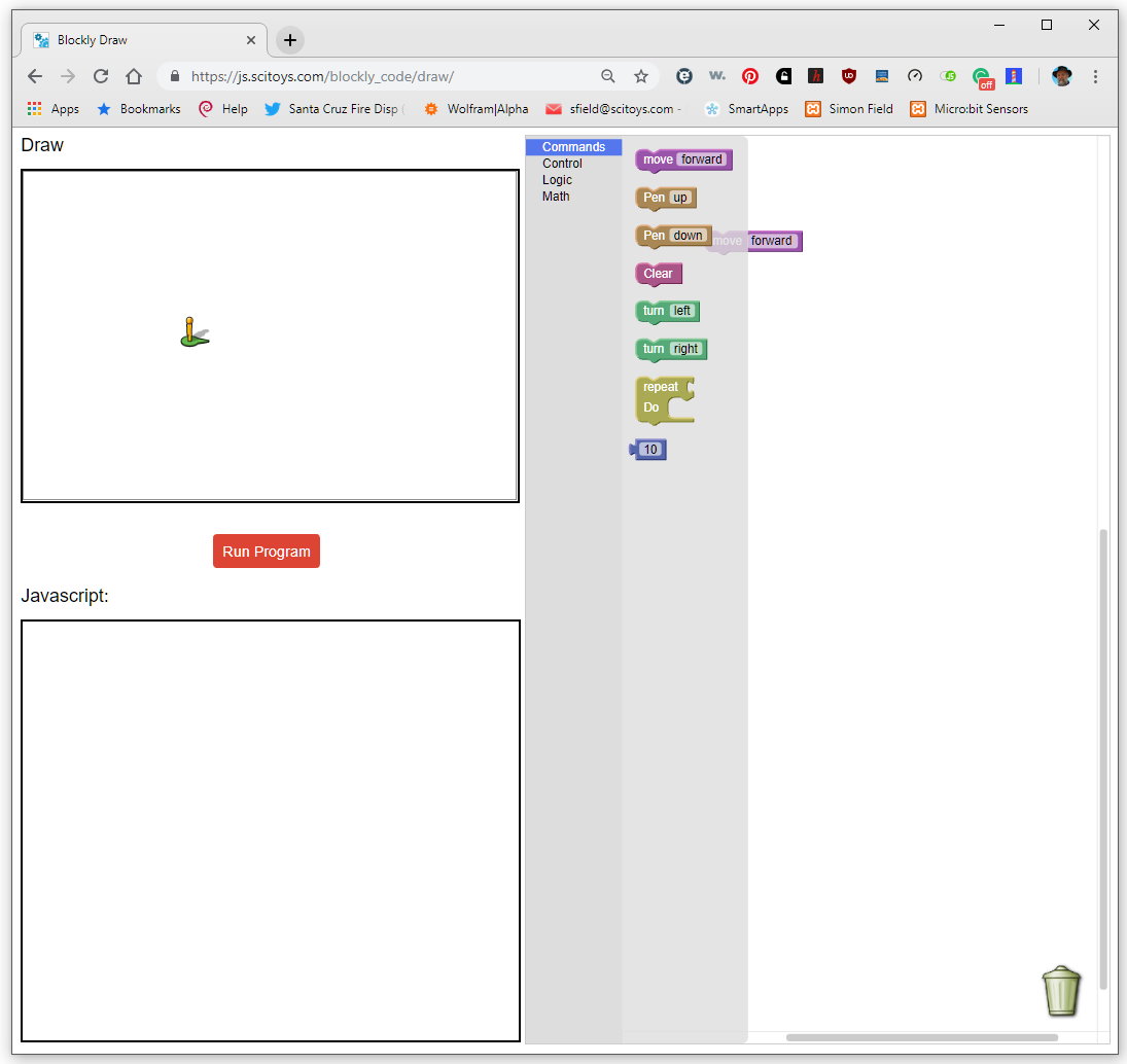 The Blockly Commands workspace